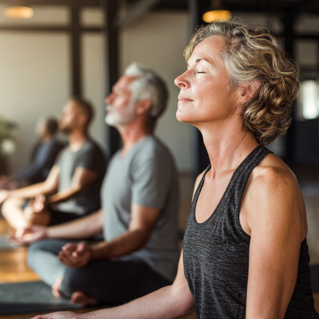middle-aged adults practicing gentle yoga poses in peaceful studio environment